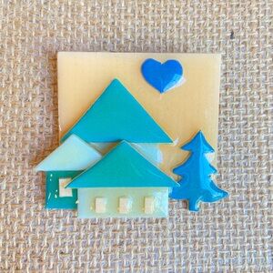 House Pins by Lucinda green shades on house tree heart and peachy sky Vintage